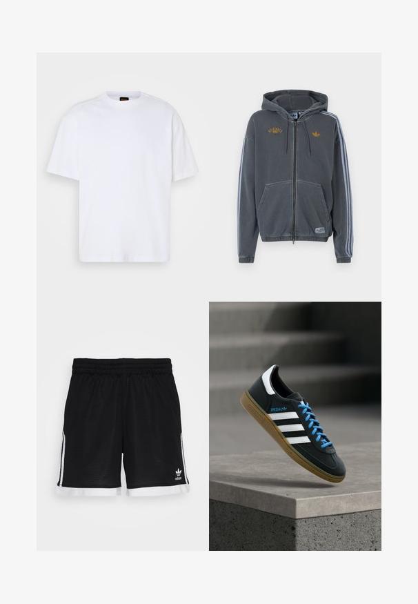 Tumehall tõmblukuga kapuutsiga dressipluus kapuutsiga, ees taskud, helesinised triibud varrukatel ja kollased "Originals" ja Adidas logod rinna kohal.; Valge puuvillane T-särk ümmarguse kaelusega, lühikeste varrukatega ja vabalt langeva lõikega. Omab tekstuuriga õmblusi õlgadel, et lisada detaili.; Mustad musta võrkmaterjalist spordilühikesed püksid, millel on pa elastne vöökoht, valged külgtriibud ja valge äär. Alumises paremas nurgas on adidas logo.; Must Adidas toss valgete triibu, siniste paelte ja kummist tallaga, hõljuv pehme valgusega halli betoonastme kohal.