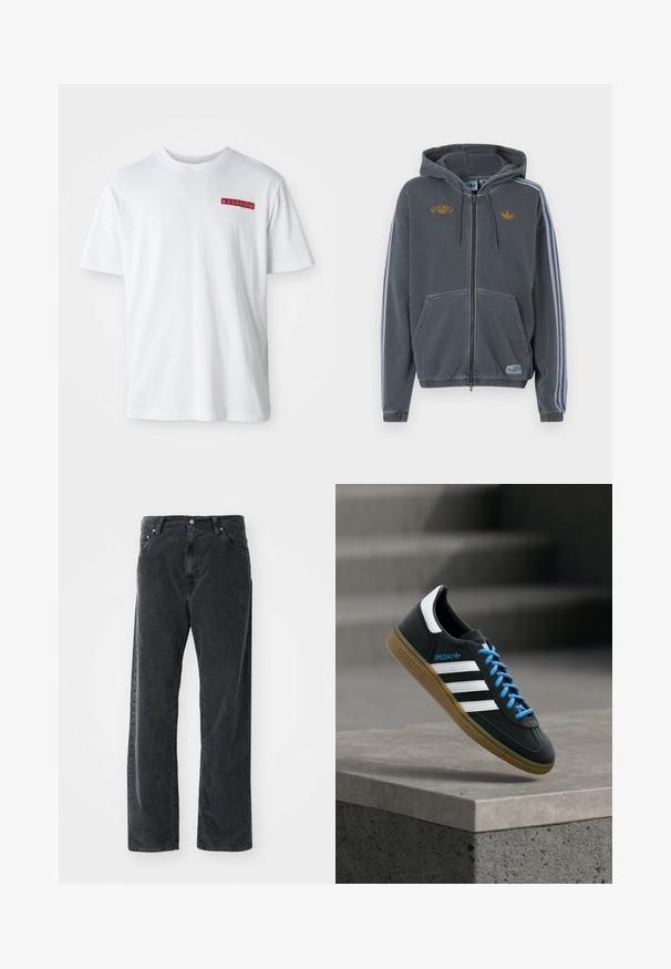 Tmavosivá mikina na zips s kapucňou, prednými vreckami, svetlosivými pruhmi na rukávoch a žltými logami "Originals" a Adidas na hrudi.; Biely bavlnený tričko s okrúhlym výstrihom, krátkymi rukávmi a malým červeným grafickým detailom na ľavej strane hrudníka.; Čierne rovné nohavice z kordu so prednými vreckami, pútkami na opasok a gombíkovým zapínaním, vystavené na bielom pozadí.; Čierna teniska Adidas s bielymi pruhmi, modrými šnúrkami a gumovou podrážkou, ktorá sa vznáša nad sivým betónovým schodom v mäkkom svetle.
