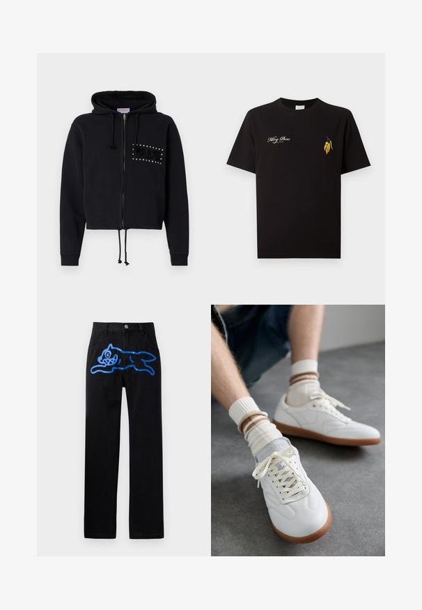 Schwarze, kurz geschnittene Kapuzenjacke mit Reißverschluss, ausgestattet mit einer Kordelzugkapuze und Fronttaschen. Verschönert mit "BLUE" aus Perlen und samtiger Textur auf der Brust.; Schwarzes T-Shirt mit Rundhalsausschnitt und weißem "Filling Pieces 'Baking Bread'"-Schriftzug auf der linken Brustseite und kleinen bestickten gelben und grünen Chili-Schoten auf der rechten Brustseite.; Schwarze Denim-Hosen mit lockerer Passform, die auf der Vorderseite ein lebhaftes blaues Grafikdesign eines springenden Katers zeigen. Klassisches Fünf-Taschen-Design.; Weiße Ledersneaker mit glatter Textur, grauen Wildlederelementen, beigen Gummisohlen und flachen Schnürsenkeln. Kombiniert mit cremefarbenen und braun gestreiften Socken.