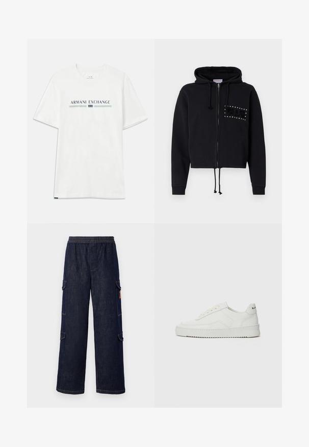 Zwarte cropped hoodie met rits, voorzien van een trekkoordcapuchon en voorzakken. Versierd met "BLUE" in kralen en een pluchen textuur op de borst.; Witte katoenen T-shirt met korte mouwen, voorzien van een blauw en groene "ARMANI EXCHANGE" logo en "1991" gecentreerd eronder.; Donkerblauwe denim cargo broek met een relaxte fit, voorzien van een elastische tailleband, zijzakken en contrasterende stiksels.; Witte leren sneaker met een gladde afwerking, ronde neus, platte veters en een gestructureerde zool. Kenmerkt zich door een subtiel logo op de hiel.