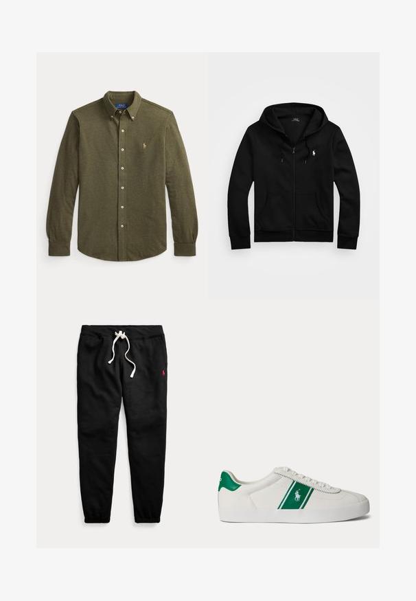 Sort lynlåstrøje med frontlommer, snørejusteret hætte og hvid Polo Ralph Lauren-logo på venstre bryst.; Langærmet olivengrøn skjorte med knapper, krave og lille broderet logo på venstre bryst.; Sorte joggingbukser med hvid snøre, elastiske manchetter, sidelommer og lille rødt logo på venstre lår.; Hvid low-top sneaker med grøn stribe og Polo-logo på siden, grøn hæl-flik og hvide snørebånd, vist fra venstre side på ensfarvet baggrund.