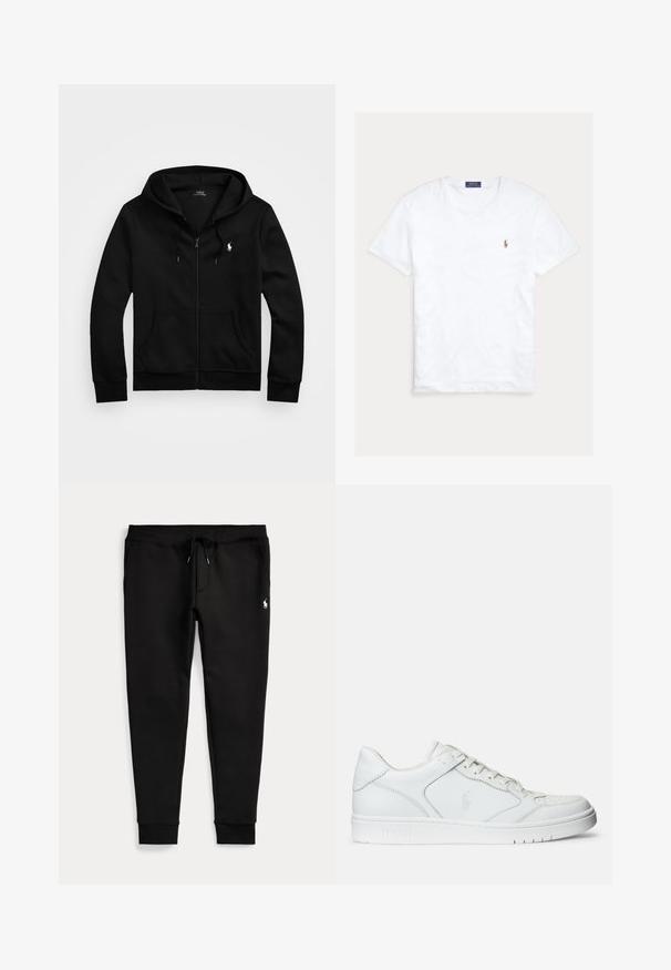 Schwarzer Kapuzenpullover mit Reißverschluss, Fronttaschen, Kordelzugkapuze und weißem Polo Ralph Lauren-Logo auf der linken Brust.; Weißes T-Shirt mit Rundhalsausschnitt und kurzen Ärmeln, mit kleinem gesticktem Polo Ralph Lauren Logo auf der linken Brust und blauem Markenetikett innen am Kragen.; Schwarze Jogginghose mit umgeschlagenen Bündchen, Tunnelzug in der Taille, Seitentaschen und kleinem weißen Polo-Spieler-Logo am rechten Oberschenkel.; Weißer Ledersneaker mit glatter Textur, ausgestattet mit einer perforierten Zehenpartie, Schnürverschluss und gesticktem Logo an der Seite. Weiße Gummisohle.