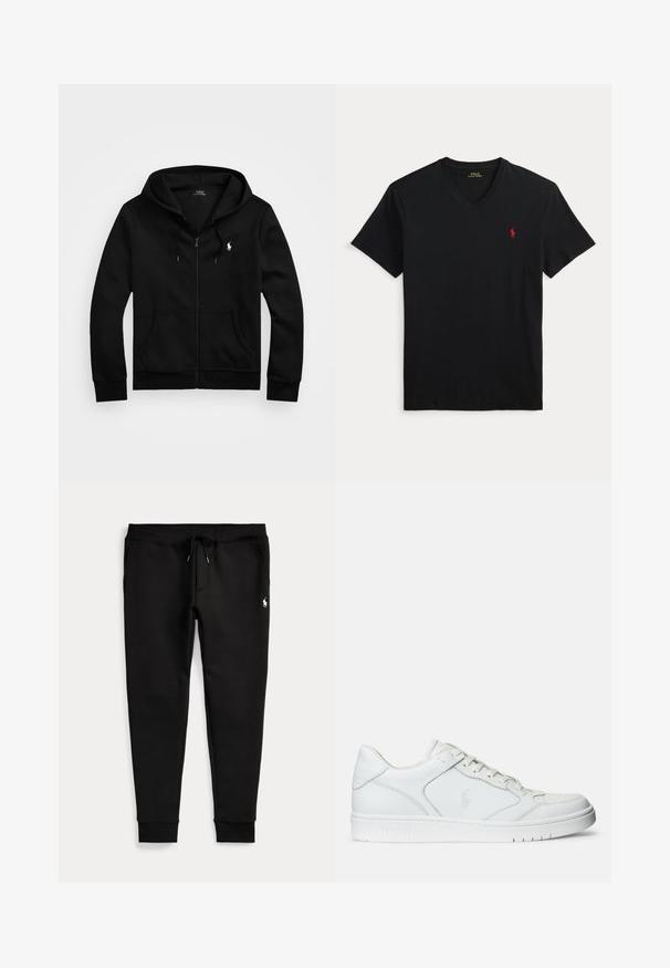Schwarzer Kapuzenpullover mit Reißverschluss, Fronttaschen, Kordelzugkapuze und weißem Polo Ralph Lauren-Logo auf der linken Brust.; Schwarzes T-Shirt mit V-Ausschnitt und kurzen Ärmeln sowie kleinem rotem Polo Ralph Lauren Logo auf der linken Brust.; Schwarze Jogginghose mit umgeschlagenen Bündchen, Tunnelzug in der Taille, Seitentaschen und kleinem weißen Polo-Spieler-Logo am rechten Oberschenkel.; Weißer Ledersneaker mit glatter Textur, ausgestattet mit einer perforierten Zehenpartie, Schnürverschluss und gesticktem Logo an der Seite. Weiße Gummisohle.