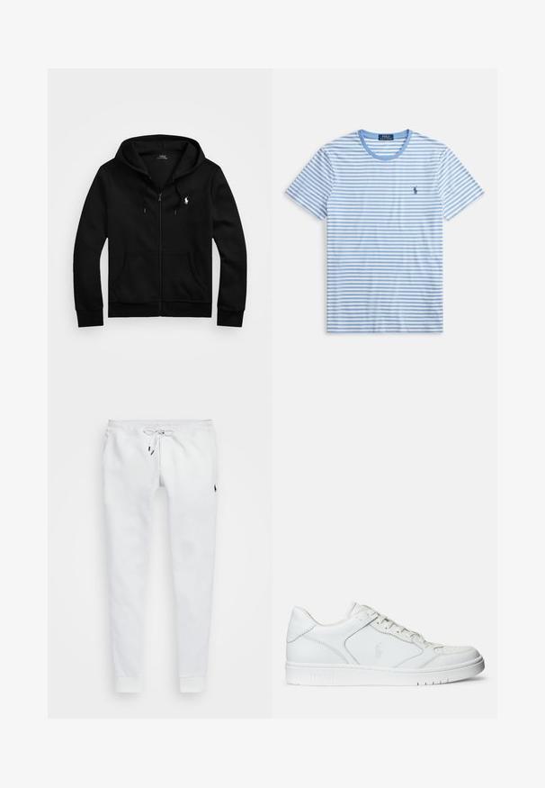 Sort lynlåstrøje med frontlommer, snørejusteret hætte og hvid Polo Ralph Lauren-logo på venstre bryst.; Stribet t-shirt i lyseblå og hvid, korte ærmer, rund hals, med en lille broderet logo på venstre bryst. Bomuldsstof.; Hvide træningsbukser lavet af blødt stof, med en træk-snor i taljen, sidelommer og ribbede manchetter. Lille logo på låret.; Hvide lædersneakers med en glat tekstur, der har en perforeret tå, snørebåndslukning og broderet logo på siden. Hvid gummisål.