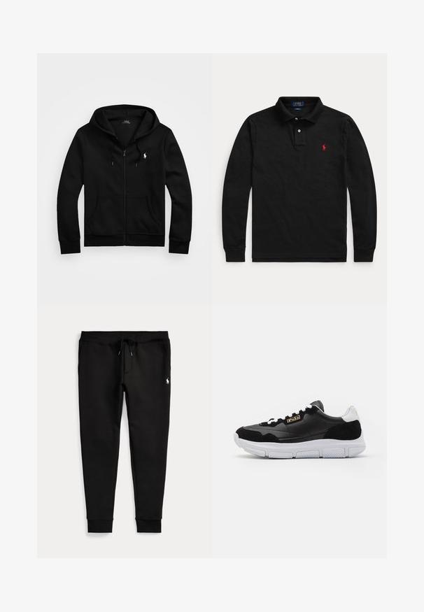 Schwarzer Kapuzenpullover mit Reißverschluss, Fronttaschen, Kordelzugkapuze und weißem Polo Ralph Lauren-Logo auf der linken Brust.; Schwarzes Polo Ralph Lauren Langarmhemd mit Kragen, Zwei-Knopf-Leiste und rotem gesticktem Logo auf der linken Brust.; Schwarze Jogginghose mit umgeschlagenen Bündchen, Tunnelzug in der Taille, Seitentaschen und kleinem weißen Polo-Spieler-Logo am rechten Oberschenkel.; Schwarze Sneaker mit Obermaterial aus Leder und Wildleder, weißer Sohle und kontrastierenden Akzenten. Verfügt über ein goldenes Logo und eine Schnürung.