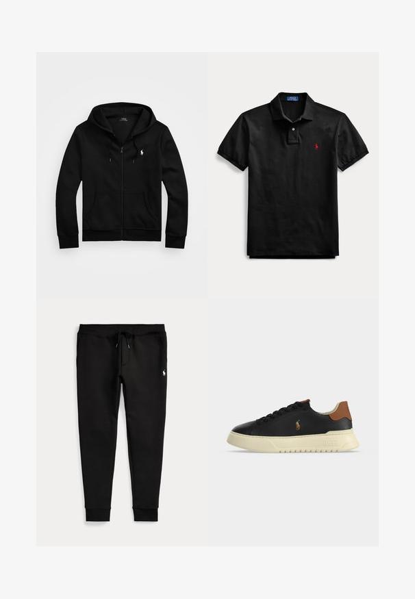 Schwarzer Kapuzenpullover mit Reißverschluss, Fronttaschen, Kordelzugkapuze und weißem Polo Ralph Lauren-Logo auf der linken Brust.; Schwarzes Polohemd mit kurzen Ärmeln, Kragen, Zweiknopfleiste und kleinem roten gesticktem Logo auf der linken Brust.; Schwarze Jogginghose mit umgeschlagenen Bündchen, Tunnelzug in der Taille, Seitentaschen und kleinem weißen Polo-Spieler-Logo am rechten Oberschenkel.; Schwarzer flacher Ledersneaker mit beiger Sohle, braunem Fersenlasche und kleinem besticktem Polo-Spieler-Logo an der Seite.