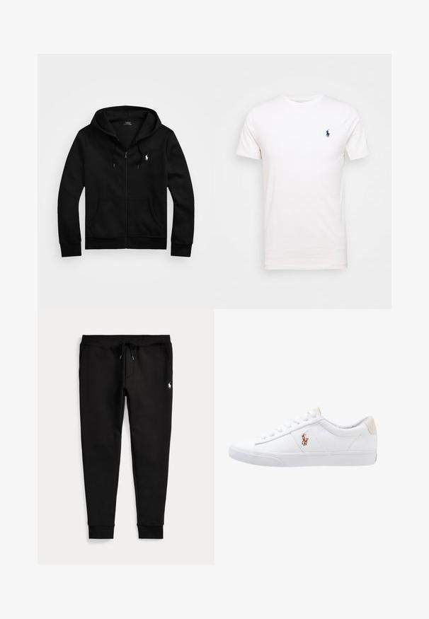 Sudadera con capucha negra y cremallera, bolsillos delanteros, capucha con cordón y logo blanco de Polo Ralph Lauren en el pecho izquierdo.; Camiseta de algodón blanca con cuello redondo. Presenta un pequeño logo azul oscuro en el lado izquierdo del pecho. Mangas cortas, textura suave.; Pantalones jogger negros con tobillos con puños, cintura con cordón, bolsillos laterales y pequeño logo blanco de jugador de polo en el muslo derecho.; Zapatilla de lona blanca con diseño de corte bajo, que cuenta con un taco trasero beige y un pequeño logo bordado en el costado. Suela de goma.