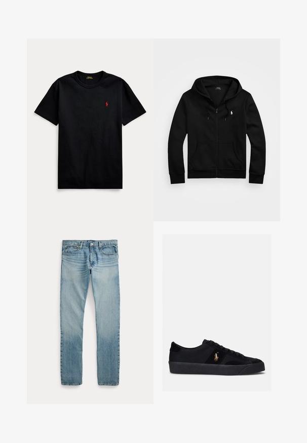 Schwarzer Kapuzenpullover mit Reißverschluss, Fronttaschen, Kordelzugkapuze und weißem Polo Ralph Lauren-Logo auf der linken Brust.; Schwarzes Baumwoll-T-Shirt mit kurzen Ärmeln, Rundhalsausschnitt und kleinem roten gestickten Logo auf der linken Brust. Glatte Textur, lässiges Design.; Hellblaue Jeans mit geradem Bein, fünf Taschen, Knopfverschluss und dezenten verwaschenen Details an Oberschenkeln und Knien.; Schwarze Sneakers mit einem Obermaterial aus Stoff und Wildleder, runder Zehenpartie, flacher Gummisohle und gesticktem Logo an der Seite. Schnürdesign mit sechs Ösen.