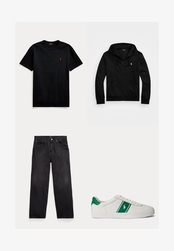 Čierna mikina na zips s kapucňou, predné vrecká, kapucňa so šnúrkami a bielym logom Polo Ralph Lauren na ľavej strane hrude.; Čierne bavlnené tričko s krátkymi rukávmi, okrúhlym výstrihom a malým červeným vyšívaným logom na ľavej hrudi. Hladká textúra, ležérny dizajn.; Čierne rifle s rovnými nohavicami, piatimi vreckami, zapínaním na gombíky a viditeľnými kovovými nitmi na predných vreckách.; Biele nízke tenisky s zeleným pruhom a logom Polo na boku, zelený jazyk na päte a biele šnúrky, zobrazené z ľavej strany na jednoduchom pozadí.