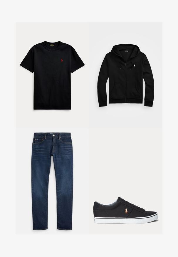 Čierna mikina na zips s kapucňou, predné vrecká, kapucňa so šnúrkami a bielym logom Polo Ralph Lauren na ľavej strane hrude.; Čierne bavlnené tričko s krátkymi rukávmi, okrúhlym výstrihom a malým červeným vyšívaným logom na ľavej hrudi. Hladká textúra, ležérny dizajn.; Tmavomodré slim-fit rifle s jemným vyblednutím na stehnách, dizajn s piatimi vreckami a zapínaním na gombík v páse.; Čierna nízka teniska s bielou podrážkou a vyšitým logom hráča póla na boku, s šnurovaním a textúrovaným vrchným materiálom.