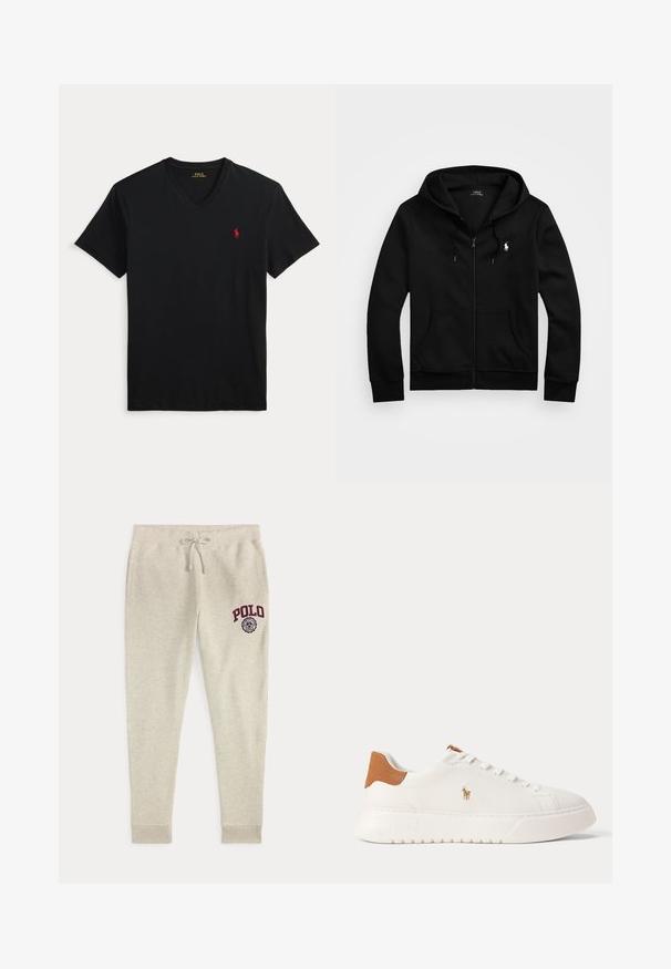 Čierna mikina na zips s kapucňou, predné vrecká, kapucňa so šnúrkami a bielym logom Polo Ralph Lauren na ľavej strane hrude.; Čierne tričko s výstrihom do V a krátkym rukávom s malým červeným logom Polo Ralph Lauren na ľavej strane hrudníka.; Béžové tepláky so sťahovacou šnúrkou, bočnými vreckami a červeným logom a emblémom "POLO" na hore ľavej stehnovej časti.; Biely nízky teniska s béžovou pätovou záložkou, bielymi šnúrkami a malým vyšívaným logom hráča póla na boku nad tlustou podrážkou.