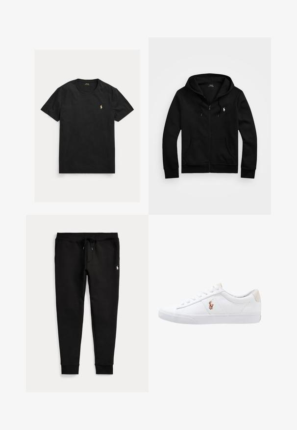 Zwarte hoodie met rits, zakken aan de voorkant, capuchon met trekkoorden en wit Polo Ralph Lauren-logo op de linkerborst.; Zwart T-shirt met korte mouwen en ronde hals met klein geel Polo Ralph Lauren-logo op de linkerborst.; Zwarte joggerbroek met omgeslagen enkels, taille met trekkoord, zijzakken en klein wit polo-spelerlogo op de rechterdij.; Witte canvas sneakers met een laag ontwerp, featuring een beige hieltab en een klein geborduurd logo aan de zijkant. Rubber zool.