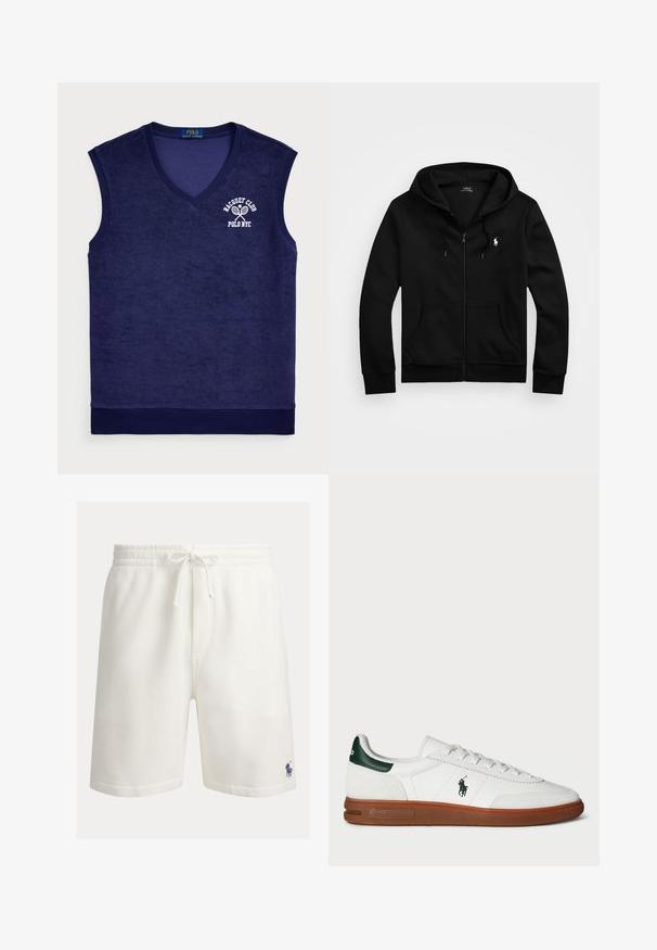 Čierna mikina na zips s kapucňou, predné vrecká, kapucňa so šnúrkami a bielym logom Polo Ralph Lauren na ľavej strane hrude.; Námornícka modrá polokošeľa bez rukávov z froté materiálu; má výstrih do V, ribbovaný lem a biele logo s tenisovými raketami.; Biele bavlnené šortky s elastickým pásom, sťahovacou šnúrkou a bočnými vreckami. Na spodnej ľavej strane je malý modrý logo polo.; Biele kožené tenisky s zeleným akcentom na päte, textúrovaná semišová časť, gumová podrážka a vyšívané logo na boku. Obsahuje šnurovací dizajn.