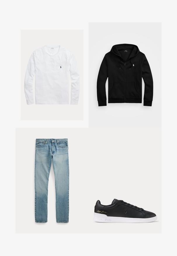 Zwarte hoodie met rits, zakken aan de voorkant, capuchon met trekkoorden en wit Polo Ralph Lauren-logo op de linkerborst.; Wit shirt met lange mouwen en ronde hals, met klein donkerblauw Polo Ralph Lauren-logo geborduurd op de linkerborst.; Lichtblauwe rechte spijkerbroek met vijf zakken, knoopsluiting en subtiele vervaagde details rond de dijen en knieën.; Zwarte lage leren sneaker met zwarte veters, witte zool met Polo-opdruk en gouden Ralph Lauren-handtekening op de hiel.