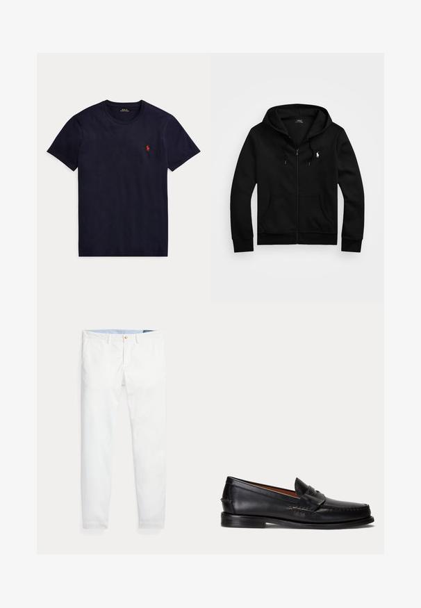 Sort lynlåstrøje med frontlommer, snørejusteret hætte og hvid Polo Ralph Lauren-logo på venstre bryst.; Marineblå t-shirt med korte ærmer og rund hals med lille rødt Polo Ralph Lauren-logo på venstre bryst.; Hvide bomuldschinos med slank pasform, med en enkelt guldknaplukning og lyseblåt inderliv. Glat tekstur uden mønstre.; Sort læderloafer med lav hæl og pennyremdetalje, vist fra siden på en lysegrå baggrund.