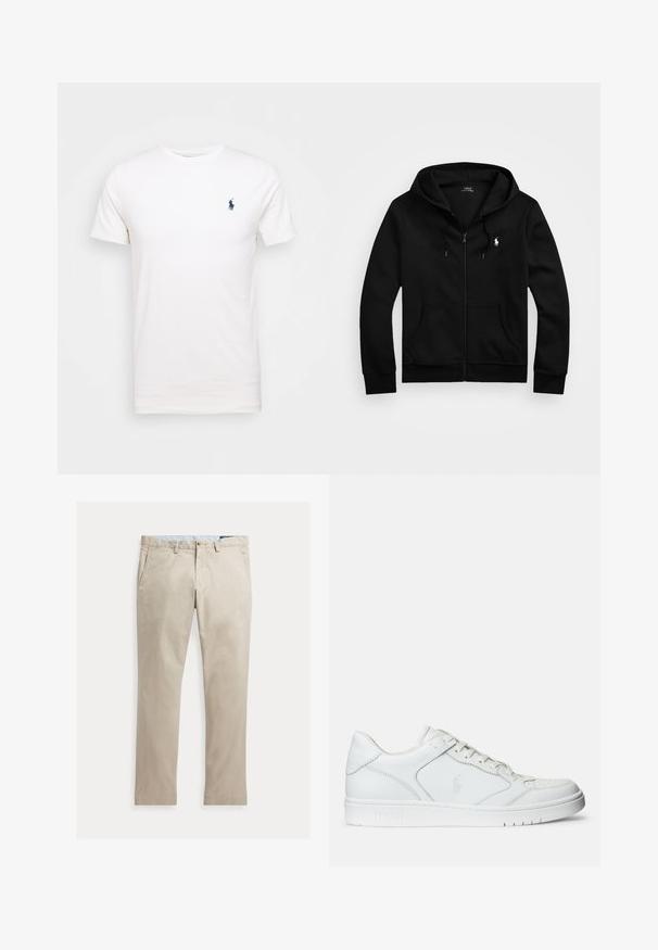 Schwarzer Kapuzenpullover mit Reißverschluss, Fronttaschen, Kordelzugkapuze und weißem Polo Ralph Lauren-Logo auf der linken Brust.; Weißes Baumwoll-T-Shirt mit Rundhalsausschnitt. Mit einem kleinen dunkelblauen Logo auf der linken Brust. Kurze Ärmel, glatte Textur.; Beige Baumwollhose mit geradem Bein, Fronttaschen, Gürtelschlaufen, Knopfverschluss und Reißverschluss, flach auf weißem Hintergrund dargestellt.; Weißer Ledersneaker mit glatter Textur, ausgestattet mit einer perforierten Zehenpartie, Schnürverschluss und gesticktem Logo an der Seite. Weiße Gummisohle.
