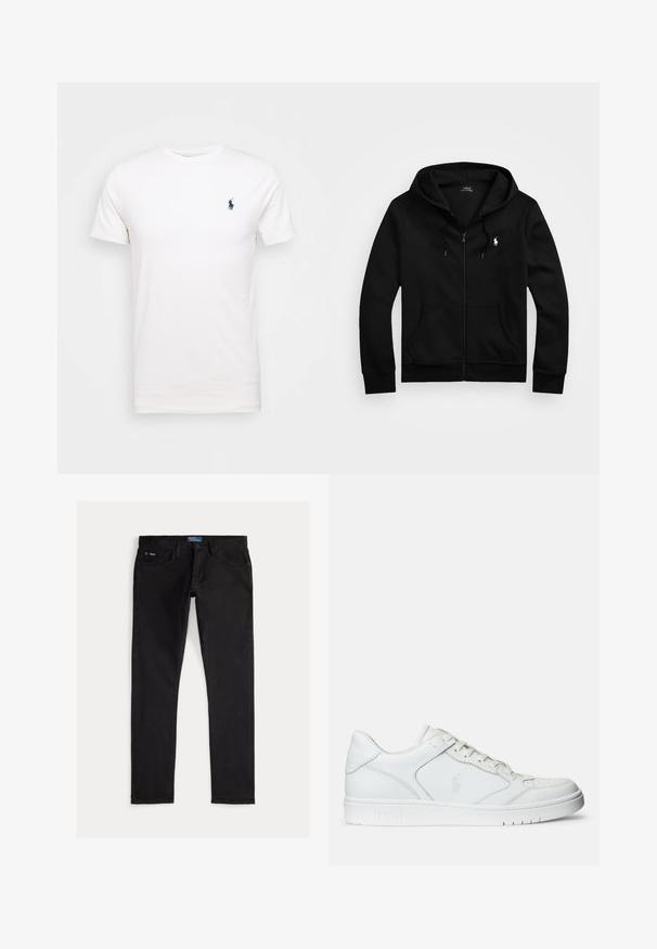Čierna mikina na zips s kapucňou, predné vrecká, kapucňa so šnúrkami a bielym logom Polo Ralph Lauren na ľavej strane hrude.; Biela bavlnená tričko s okrúhlym výstrihom. Na ľavej strane hrude je malé tmavomodré logo. Krátke rukávy, hladká textúra.; Čierne úzke džíny z denimu s piatimi vreckami, pútkami na opasok a modrou značkovou štítkom na páse. Hladká, odolná látka.; Biele kožené tenisky s hladkým povrchom, obsahujúce perforovanú špičku, šnúrkové uzatvorenie a vyšívané logo na boku. Biela gumová podrážka.