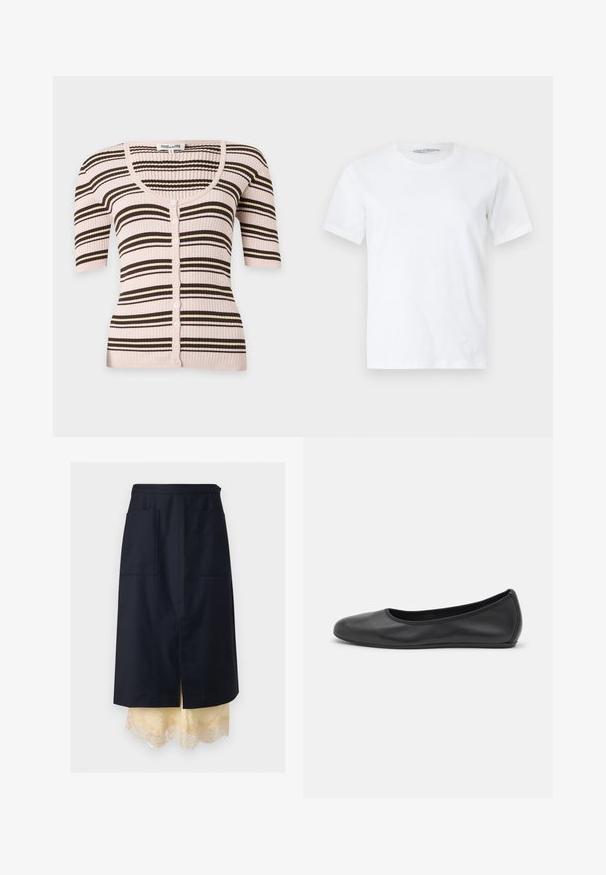 Cardigan i ribstrik med korte ærmer, rund halsudskæring, knapper foran og vandrette striber i beige, brun og olivengrøn.; Ren hvid kortærmet rundhalset t-shirt lagt fladt på en lys baggrund, der viser forfra med et lille synligt mærkelabel inde i kraven.; Marineblå A-formet nederdel med forlommer lagdelt over cremefarvet underkjole med blondekant, centreret slids, vist på ensfarvet baggrund.; Sort læderballetsko med rund tå, glat tekstur, minimal syning og et fleksibelt såldesign.
