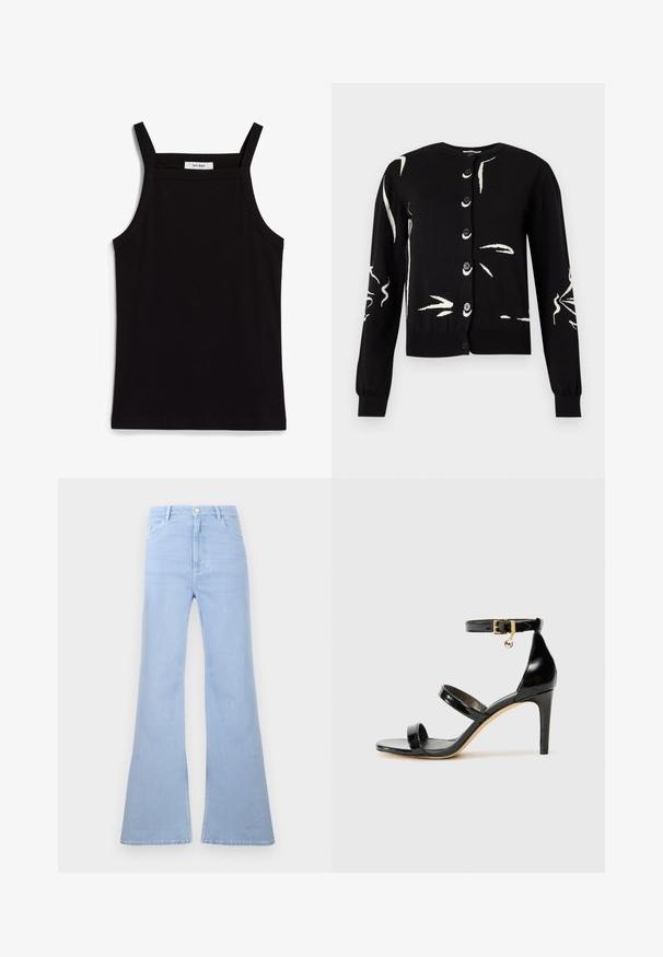 Cardigan noir boutonné avec manches longues et motifs abstraits de coups de pinceau blancs sur le devant et les manches.; Débardeur noir à fines bretelles, en tissu côtelé, avec une coupe droite et une étiquette au niveau du col indiquant "IVY OAK."; Jean évasé taille haute bleu clair avec passants de ceinture, fermeture à boutons sur le devant et poches avant sur fond blanc.; Sandale en cuir verni noir avec trois brides, boucle de cheville et talon aiguille de 10 cm. Présente un détail en métal doré et un charm logo.