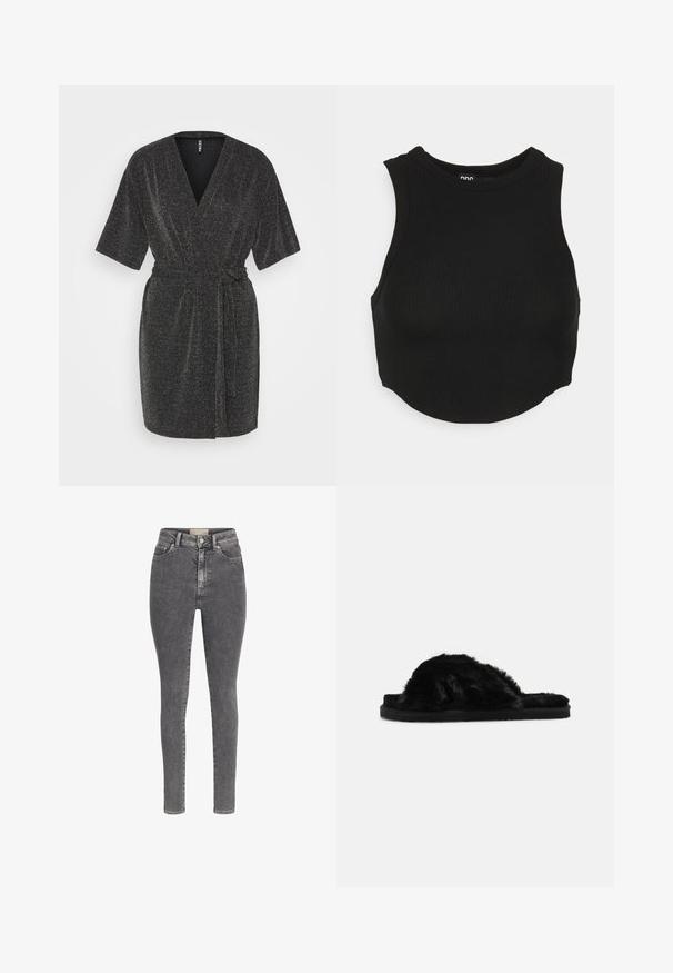 Pieces PCLINA KIMONO - Kardigan - black; Must mustribaline crop top kõrge kaelusega ja ilma varrukateta. Pehme tekstuur, millel on keha lähedal istuv kuju ja kergelt kõver hem.; Kõrge vöökohaga kitsad teksad pleekinud tumedat halli denimi materjalist, ees nööbi ja tõmblukuga, rihmlõhedega ning viie taskuga disain.; Mustad mustad sõidukingad mustas värvitoonis, pehme tekstuuriga, avatud varbaga disain ja lame must tald. Nähtava riistvara või mustriteta.