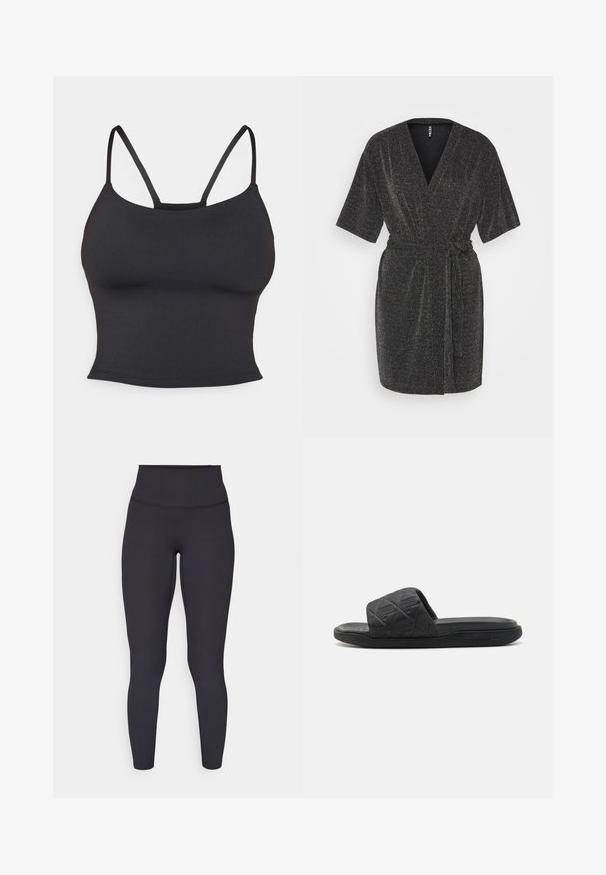 Pieces PCLINA KIMONO - Kardigán - black; Čierna priliehavá tielko vyrobené z hladkej tkaniny, s tenkými ramienkami a okrúhlym výstrihom, bez ďalších vzorov alebo akcentov.; Čierne legíny s vysokým pásom, rebrovanou textúrou, priliehavým strihom a bezšvovým šitím, vhodné na aktívne nosenie alebo na bežné použitie.; Čierne šľapky z textúrovanej gumy, s širokým pásikom s geometrickým vzorom a plochou podrážkou. Logo Lacoste na boku.