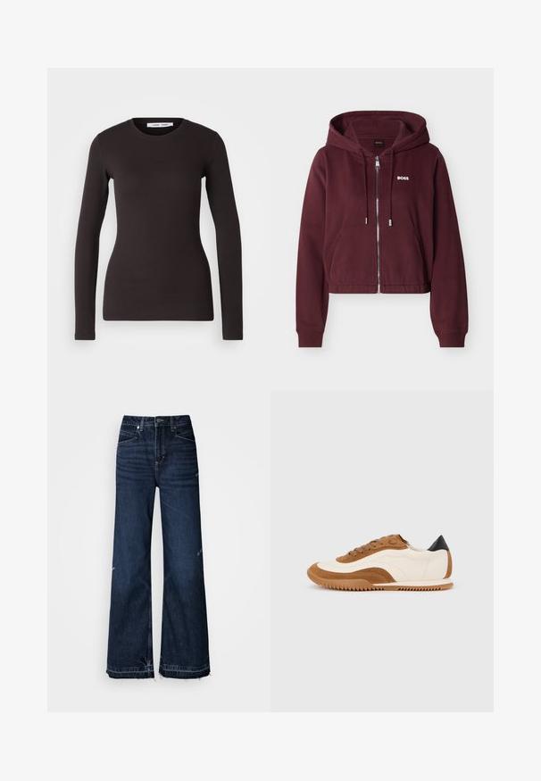 Sweat à capuche zippé couleur bordeaux avec cordons, poches avant, poignets côtelés, et logo blanc "BOSS" sur le côté gauche de la poitrine.; Haut noir à manches longues en tissu doux et extensible. Il présente un col rond et une coupe ajustée avec une texture lisse et sans motifs visibles.; Jean taille haute à jambes larges en denim foncé. Caractéristiques : ourlets effilochés et design à cinq poches avec surpiqûres visibles.; Baskets avec une tige en cuir crème, des accents en suède marron, des lacets marron et un contrefort de talon noir. Dotées d'une semelle en caoutchouc texturée.