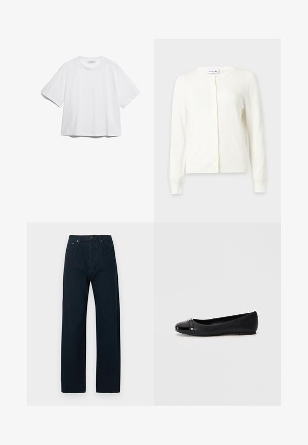 Cárdigan blanco de manga larga con botones, puños y bajo acanalados, cuello redondo y pequeño logo de Lacoste en el pecho izquierdo.; Camiseta de algodón blanca con manga corta, escote redondo, corte relajado y sin patrones o gráficos visibles. Textura suave y diseño sencillo.; Vaqueros de mezclilla azul oscuro con diseño de pierna recta, cierre de botón y cremallera, dos bolsillos delanteros y textura suave.; Zapato plano negro con punta redonda, que presenta una puntera de charol brillante y un cuerpo de cuero texturizado, acentuado por un pequeño detalle metálico.
