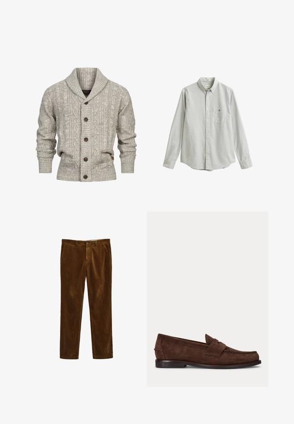 Cardigan gris con cuello chal, patrón de trenzado, cinco botones marrones, puños y dobladillo acanalados, elaborado en un material de punto suave.; Camisa de manga larga con botones, rayas verticales en gris claro y blanco, con cuello, bolsillo en el pecho y puños abotonados.; Pantalones de pana marrones con un diseño de pierna recta, que presentan un cierre frontal con botón y dos bolsillos laterales. Tela texturizada con patrón acanalado.; Zapato tipo loafer de ante marrón con tacón bajo y costuras visibles en la punta, el lateral y la parte trasera, mostrado sobre un fondo claro y liso.