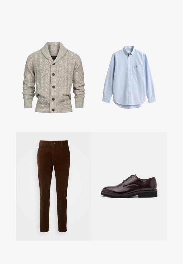 Grijze cardigan met een sjawlboord, kabelbreipatroon, vijf bruine knopen, geribbelde manchetten en zoom, gemaakt van een zachte breimateriaal.; Lichtblauw overhemd met knopen, gemaakt van katoen. Voorzien van een borstzak, lange mouwen en een klassieke kraag. Gladde textuur met een afgeronde zoom.; Bruine corduroy broek met een rechte pijpdesign, voorzien van een knoopsluiting en subtiele verticale ribbelstructuur.; Bruine leren Oxford schoen met een glanzende afwerking, ronde neus, vetersluiting en een stevige zwarte rubberen zool. Naaddetails op de bovenkant.