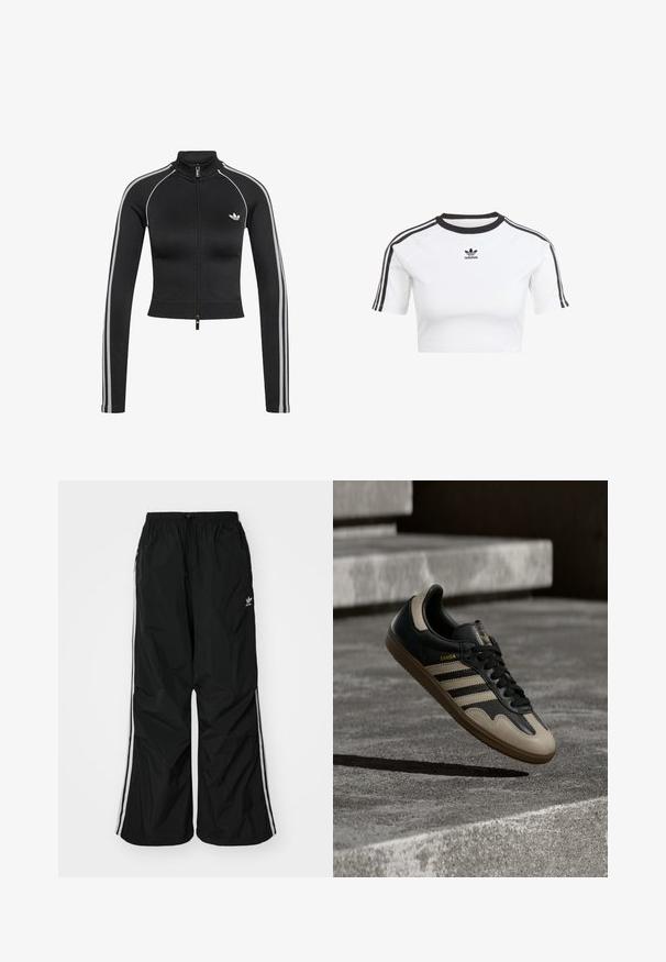 Sort cropped langærmet jakke med lynlås, hvide sidelommer og Adidas-logo på venstre bryst.; Hvid cropped t-shirt lavet af bomuld, med sorte aksentstriber på ærmerne, rund halsudskæring og lille broderet logo på brystet.; Sorte vindjakke-bukser med elastisk talje, snøre, hvide side-striber, løs pasform og en lille logo på venstre side.; Sort og beige lædersneaker med tre hvide striber, tanfarvet gummisål og gyldent "Samba"-detalje på siden.
