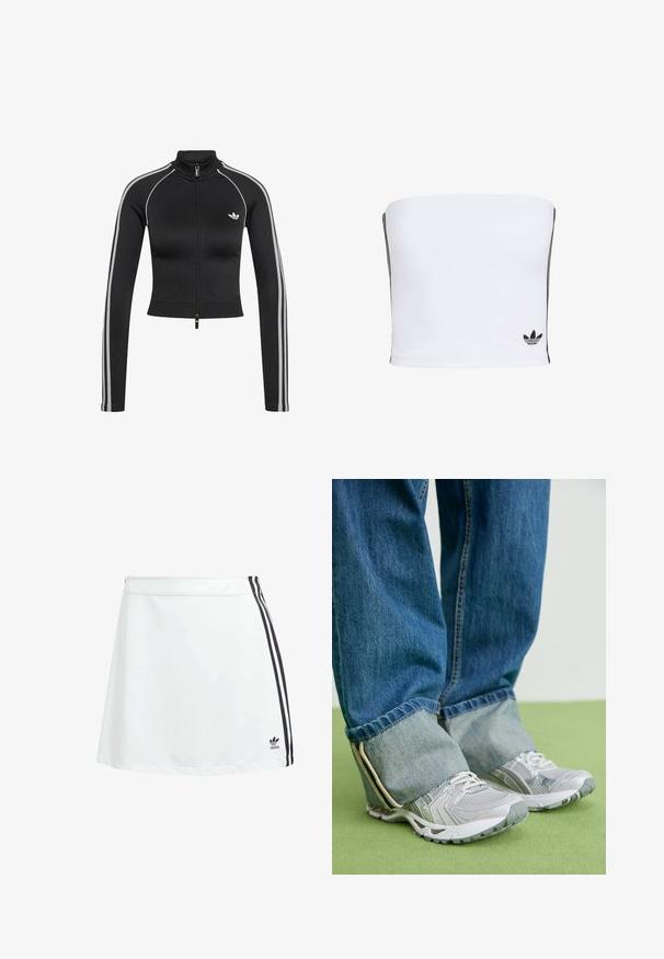 Chaqueta negra corta de manga larga con cremallera, rayas blancas laterales y logo de Adidas en el pecho izquierdo.; Top bandeau blanco hecho de tejido elástico. Presenta rayas laterales negras y un pequeño logotipo negro en el dobladillo. Textura suave.; Falda de athleisure blanca hecha de una tela suave, con franjas laterales negras y un pequeño logo en la parte inferior derecha. Corte en A, de longitud media a muslo.; Zapatillas deportivas grises con material de malla y acentos blancos, combinadas con jeans de denim azul que tienen los tobillos remangados.