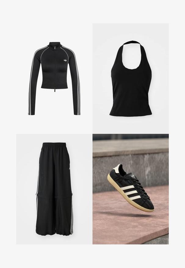Sort cropped langærmet jakke med lynlås, hvide sidelommer og Adidas-logo på venstre bryst.; Sort halterneck top lavet af blød stof, med en scoop halsudskæring og en tætsiddende silhuet, med en glat tekstur og uden synlige mønstre.; Sorte atletiske bukser med elastisk talje, sidelæns striber og en løs pasform med en samlet kant for en luftig silhuet.; Sort Adidas sneaker med hvide striber og beige sål, fanget i luften over en stenet overflade og baggrund af en stenmur.