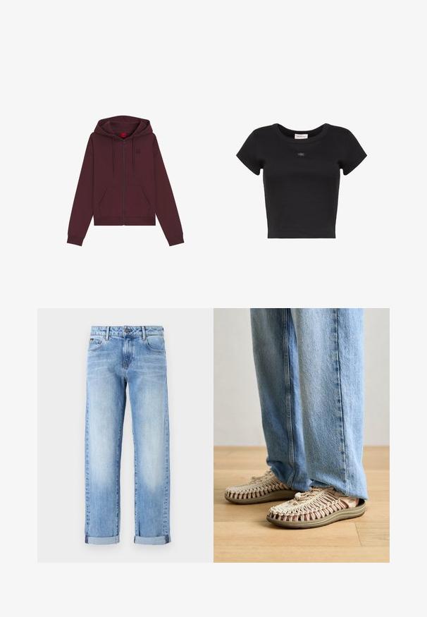 Sweat à capuche zippé bordeaux en tissu doux, avec capuche à cordon, poches kangourou et logo embossé sur la poitrine.; T-shirt noir court à manches courtes, côtelé, avec encolure ronde et petit patch logo Calvin Klein centré sur la poitrine.; Jean en denim bleu clair avec revers, fermeture à bouton et à zip à l'avant, et design classique à cinq poches sur fond blanc.; Sandales de couleur claire avec un dessus tissé, présentant une semelle épaisse en beige avec des accents rouges. Une fermeture à molette est visible à l'avant.