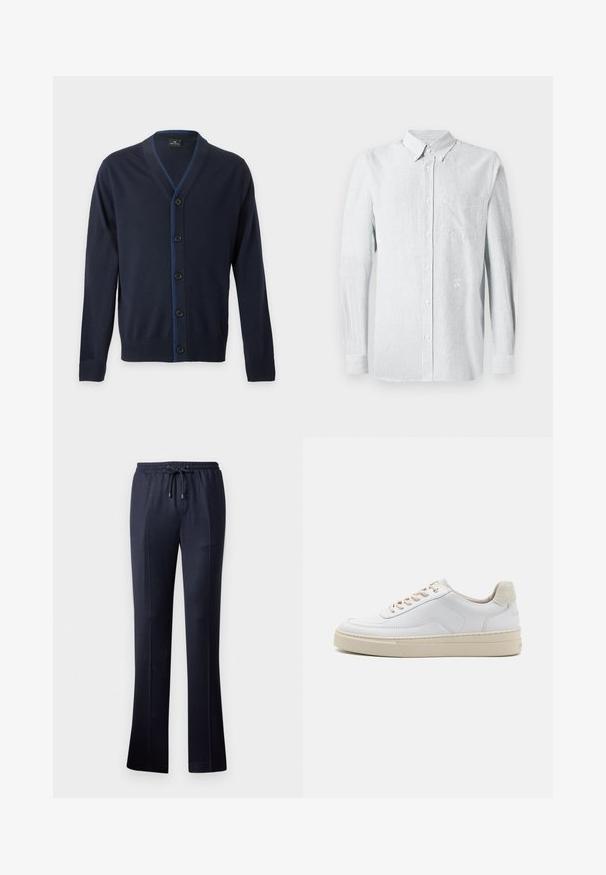 Cardigan bleu marine à col en V avec cinq boutons noirs et poignets et ourlet côtelés, présentant une couture bleue subtile le long de la ligne des boutons.; Chemise à rayures à manches longues en bleu clair et blanc, dotée d'un col boutonné, d'une poche sur le devant et d'un logo subtil sur la poitrine.; Pantalons larges marine en tissu doux avec une taille élastique et un cordon de serrage. Présentent une texture lisse et sans motifs visibles.; Sneaker blanche avec un dessus en cuir lisse, des lacets beige et un onglet de talon en daim beige texturé. Semelle surélevée pour une hauteur supplémentaire.