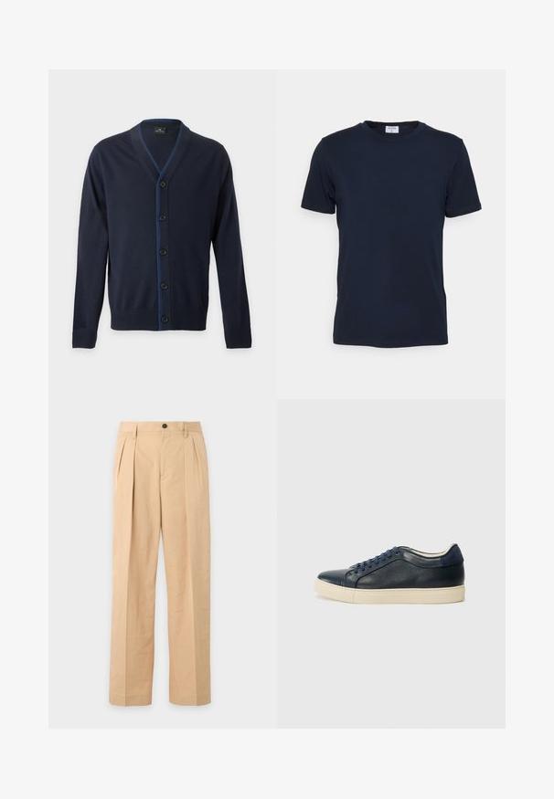 Cardigan bleu marine à col en V avec cinq boutons noirs et poignets et ourlet côtelés, présentant une couture bleue subtile le long de la ligne des boutons.; T-shirt bleu marine à col ras du cou fabriqué en tissu doux. Manches courtes avec une coupe classique, avec une étiquette au niveau du col. Texture lisse, design minimal.; Pantalon beige plissé avec fermeture bouton et zip, passants de ceinture et jambes droites larges.; Baskets en cuir bleu marine avec semelle en caoutchouc crème, dotées de lacets bleus et d'une texture lisse. Bout arrondi et design minimaliste.