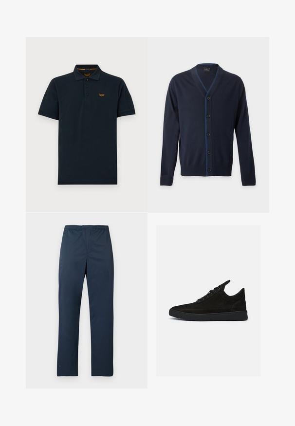 Marineblå V-hals cardigan med fem sorte knapper og ribstrikkede manchetter og kant, med diskrete blå syninger langs knaprækken.; Mørk navy kortærmet poloshirt med tre knapper, krave og lille orange PME Legend logo på venstre bryst.; Mørkeblå, letvægtsbukser med elastisk talje og lige ben. Glat tekstur uden synlige mønstre eller detaljer.; Sorte ruskind sneakers med lav profil, rund tå og struktureret gummisål. Har fem snøringer og en bageste pull tab.