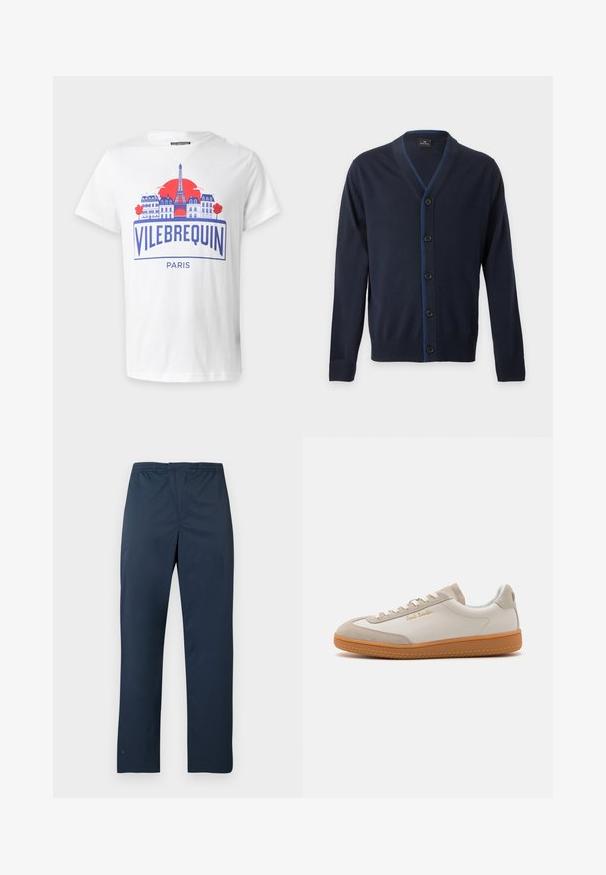 Cardigan bleu marine à col en V avec cinq boutons noirs et poignets et ourlet côtelés, présentant une couture bleue subtile le long de la ligne des boutons.; T-shirt blanc avec un graphisme bleu et rouge représentant des bâtiments de Paris, la Tour Eiffel, un soleil rouge, et le texte « Vilebrequin Paris » à l'avant.; Pantalon bleu marine léger avec une ceinture élastique et des jambes droites. Texture lisse sans motifs ni accents visibles.; Baskets basses blanches et beiges avec semelle en caoutchouc, lacets blancs, détails en daim et logo doré "Paul Smith" sur le côté.