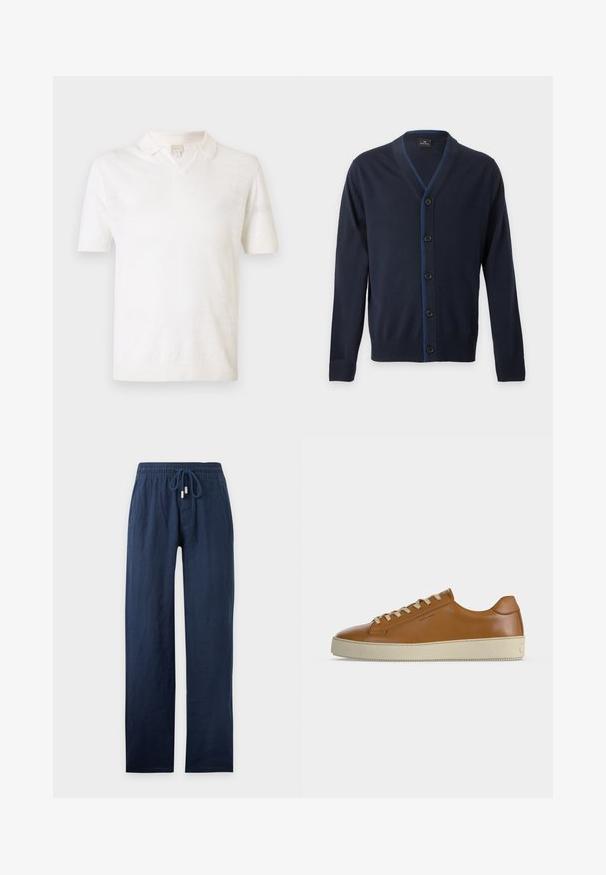 Cardigan bleu marine à col en V avec cinq boutons noirs et poignets et ourlet côtelés, présentant une couture bleue subtile le long de la ligne des boutons.; Polo à manches courtes couleur crème, avec un col en V, une texture lisse, des bordures côtelées aux manches, et un design minimaliste sans motifs.; Pantalon bleu marine à jambes droites avec taille élastique et cordon de serrage, en tissu léger.; Baskets basses en cuir marron avec lacets crème et semelle épaisse en caoutchouc crème, vues de profil sur fond blanc.