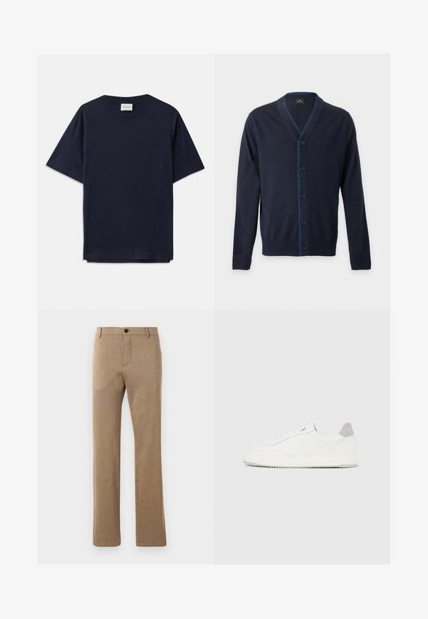 Marineblauer V-Ausschnitt-Cardigan mit fünf schwarzen Knöpfen und gerippten Bündchen und Saum, mit dezenten blauen Nähten entlang der Knopfleiste.; Dunkelblauses Baumwoll-T-Shirt mit kurzen Ärmeln, Rundhalsausschnitt und lockerer Passform. Das Etikett am Ausschnitt trägt den Schriftzug "CLOSED". Glatte Textur.; Braune, maßgeschneiderte Hosen aus einem strukturierten Stoff mit geradem Beinansatz, ausgestattet mit einem Knopfverschluss vorne und Seitentaschen.; Weißer Sneaker mit niedrigem Schaft, grauem Fersenlaschen, weißen Schnürsenkeln und einer strukturierten Sohle, dargestellt vor einem schlichten hellen Hintergrund.