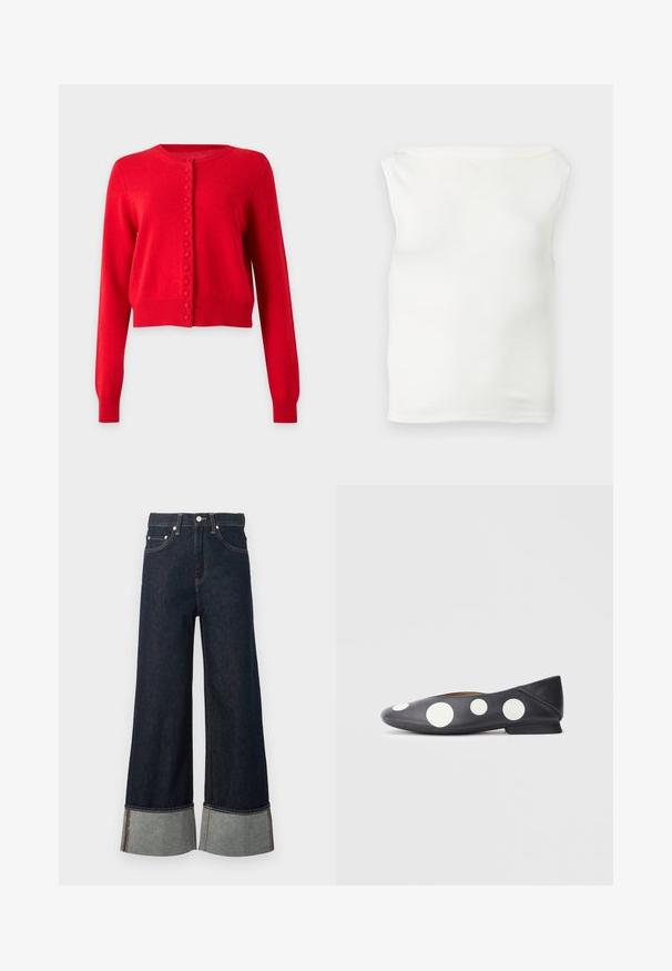 Cardigan court rouge à manches longues avec encolure ronde et boutons recouverts de tissu au centre devant.; Top tube blanc ajusté sans bretelles avec un décolleté droit et un tissu lisse, présenté sur un fond clair.; Jean denim bleu foncé à jambes larges avec revers roulés montrant un tissu intérieur plus clair et une fermeture par bouton argenté.; Ballerines en cuir noir ornées de gros pois blancs, avec un bout arrondi et un petit talon. Texture lisse avec un minimum de coutures apparentes.