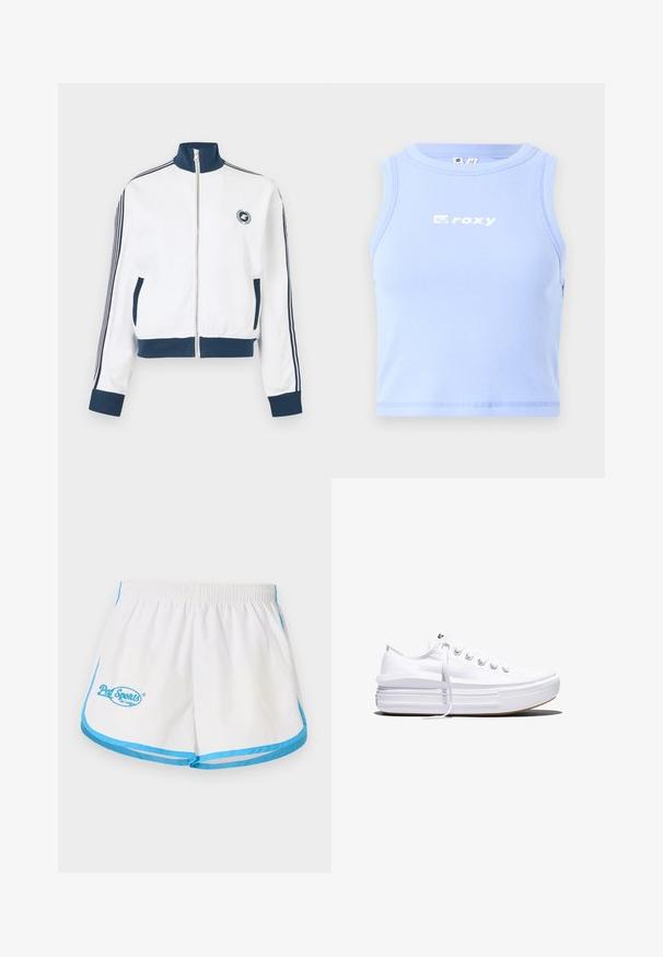 Veste de sport blanche à fermeture éclair avec col, poignets et ourlet bleu marine, rayures bleu marine sur les manches, poches avant et petit logo circulaire sur la poitrine.; Un débardeur côtelé bleu clair avec un col rond et le logo "roxy" en blanc sur la poitrine ; design ajusté et longueur cropped.; Pal Sporting Goods LEAGUE WOMENS - Short - marshmallow/blue; Baskets basses blanches en toile avec semelle plateforme épaisse, lacets sur le devant et embout en caoutchouc texturé, vues de profil.