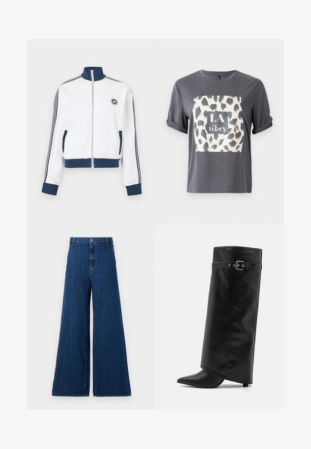 Hvid sportsjakke med lynlås, navy krave, manchetter og kant, navy striber ned ad ærmerne, frontlommer og lille cirkulært logo på brystet.; Grå t-shirt med et leopardprint-design i guld og sort med teksten "LA vibes" i en central firkant på forsiden. Korte ærmer.; Replay PANTS - Jeans Straight Leg - dark blue; Even&Odd Højhælede støvler - black