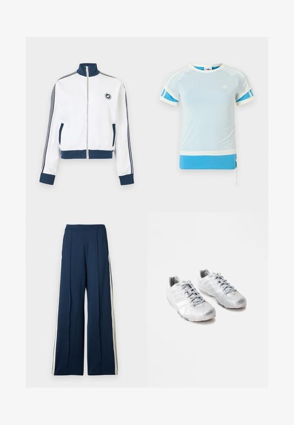 Hvid sportsjakke med lynlås, navy krave, manchetter og kant, navy striber ned ad ærmerne, frontlommer og lille cirkulært logo på brystet.; Lyseblå atletisk t-shirt med hvide accenter og blå sidepaneler. Har rund hals og korte ærmer, lavet af glat stof.; Bredde ben bukser i mørk marinestof med sidelister i creme. Har en høj talje og plisserede detaljer for ekstra struktur.; Sølv atletiske sko med en glat, skinnende overflade; buet design; grå snørebånd; gummisåler med skridsikre mønstre; afrundet tå.