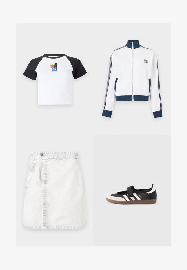 Weißes Sportjacke mit Reißverschluss, marineblauem Kragen, Bündchen und Saum, marineblauen Streifen an den Ärmeln, vorderen Taschen und kleinem runden Logo auf der Brust.; Kurzärmliges T-Shirt mit weißem Körper und schwarzen Raglanärmeln. Mit einem Erdbeere- und blauen Handgrafik sowie dem Schriftzug "OBEY" in Schwarz.; Denimrock in Hellgrau. A-Linie Design mit vorderen Taschen, einer sichtbaren Naht in der Mitte und einem einzelnen Metallknopf am Bund.; Schwarzer und beiger Sneaker mit Klettverschluss, drei weißen Streifen an der Seite und einer strukturierten braunen Gummisohle. Markenlogo sichtbar.