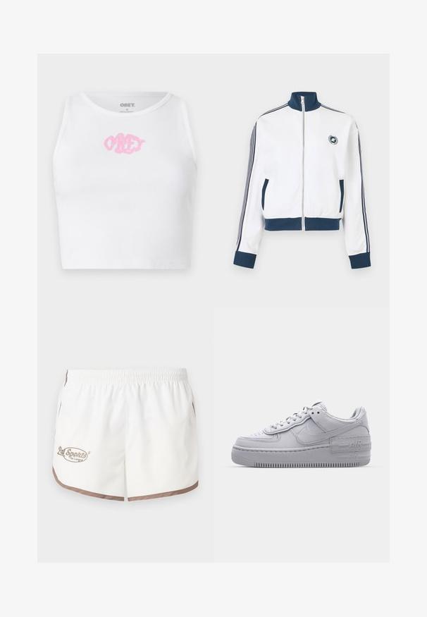Hvid sportsjakke med lynlås, navy krave, manchetter og kant, navy striber ned ad ærmerne, frontlommer og lille cirkulært logo på brystet.; Hvid ribbet crop top med et pink "OBEY" logo i midten. Designet med en rund halsudskæring og uden ærmer.; Pal Sporting Goods LEAGUE WOMENS - Shorts - marshmallow/khaki; Grå Nike Air Force 1 sneakers med perforeret tå, glat læderoverdel, tyk sål og præget 'AIR' detalje på hælen.