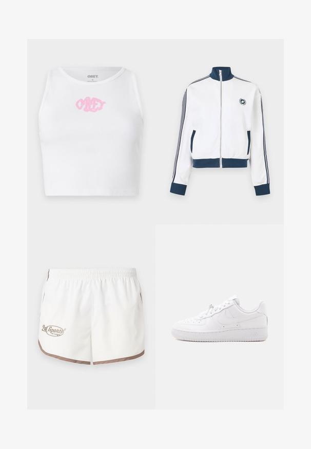 Weißes Sportjacke mit Reißverschluss, marineblauem Kragen, Bündchen und Saum, marineblauen Streifen an den Ärmeln, vorderen Taschen und kleinem runden Logo auf der Brust.; Weißes, geripptes Crop-Top mit einem rosa "OBEY"-Logo in der Mitte. Mit rundem Ausschnitt und ärmellosem Design.; Pal Sporting Goods LEAGUE WOMENS - Shorts - marshmallow/khaki; Niedriger weißer Sneaker mit perforierter Spitze, Schnürverschluss, strukturierter Sohle und subtilem Swoosh-Logo an der Seite.