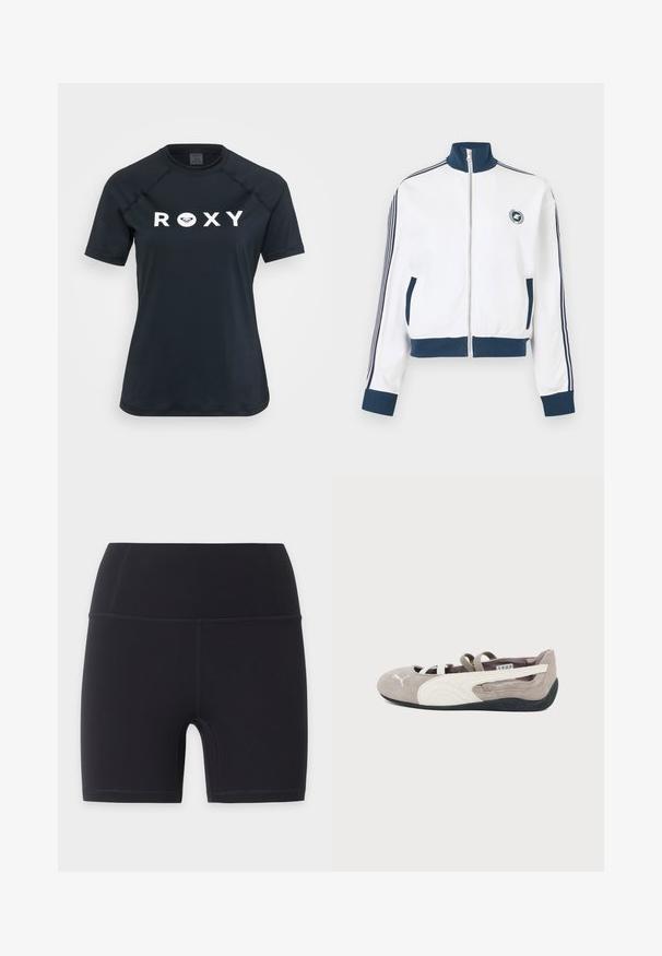 Valge lukuga sporditagi mereväe krae, mansettide ja äärega, mereväe triibud varruka külgedel, ees taskud ja väike ümmargune logo rinnal.; Must have lühikeste varrukatega rash guard, mis on valmistatud venivast materjalist, kus ees on valge "ROXY" logo ja ümar kaelus.; Mustad kõrge vöökohaga spordijalgrattapüksid lameõmblustega, loodud tihedaks sobivuseks ja reie keskpaigani ulatuva pikkusega.; Heledat pruunid seemisnahast baleriinad valge Puma logoga, valge küljetriki, elastsete rihmadega ja musta kummist tallaga.