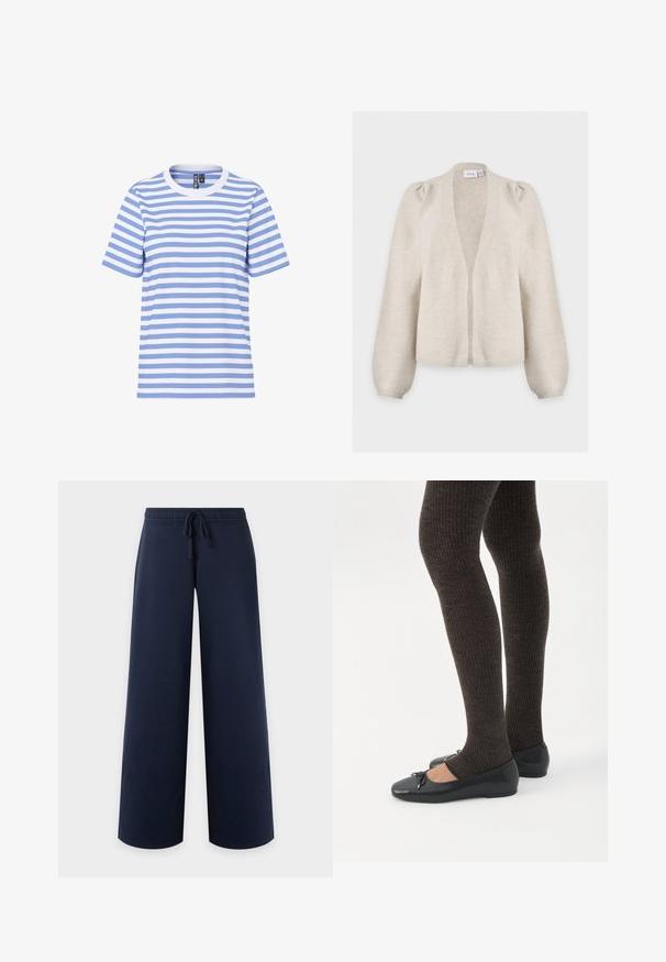 Cárdigan beige de manga larga con abertura frontal, hombros abullonados y puños acanalados, con etiqueta VILA en el cuello.; Camiseta de manga corta con rayas horizontales en azul claro y blanco, cuello redondo y etiqueta de marca visible en el interior del cuello.; Pantalón azul marino de pierna ancha con cintura elástica y cordón ajustable, vista frontal sobre fondo liso claro.; Piernas con leggings oscuros acanalados combinados con bailarinas negras que presentan pequeños detalles de lazo sobre un fondo blanco.