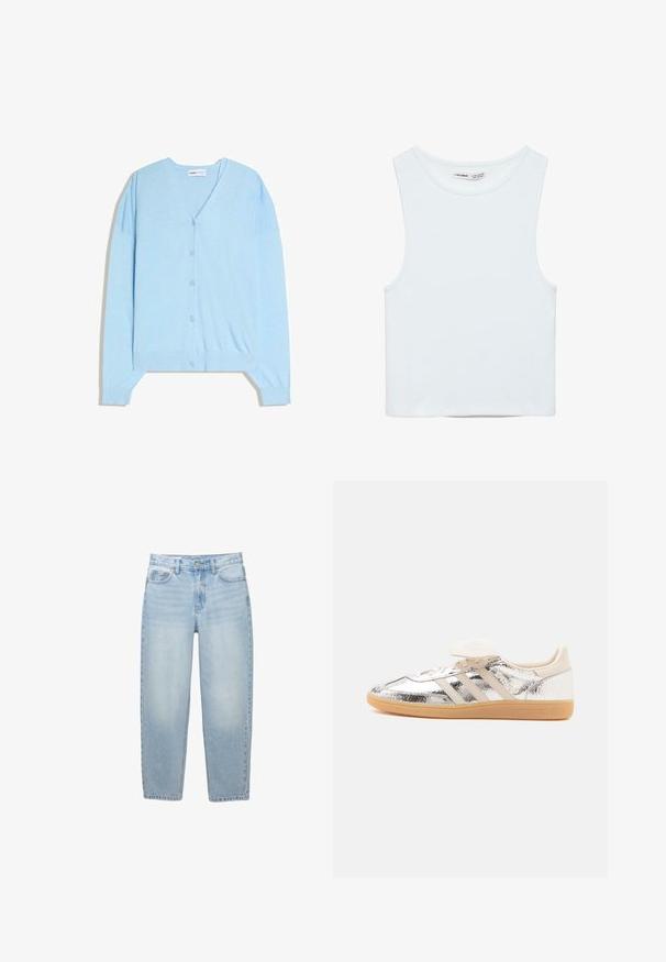 Cardigan bleu clair boutonné avec col en V et manches longues, présenté à plat sur un fond blanc.; Crop top blanc sans manches avec col rond, en tissu lisse, étiqueté Pull&Bear, adapté pour un usage décontracté.; Jean bleu clair taille haute, coupe droite, avec bouton devant, fermeture éclair, passants de ceinture et design à cinq poches sur fond blanc.; Baskets basses avec dessus argenté brillant, trois bandes beige, lacets blancs et semelle en caoutchouc beige, vues de côté sur fond blanc.