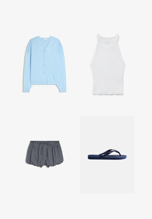 Cardigan bleu clair boutonné avec col en V et manches longues, présenté à plat sur un fond blanc.; Débardeur blanc sans manches en côte avec un col montant et une silhouette ajustée, posé à plat sur un fond blanc.; Shorts à carreaux bleu marine et blanc avec une taille élastique et un cordon de serrage à l'avant, présentés sur fond blanc.; Sandale tong en caoutchouc bleu marine avec semelle texturée et bride en forme de Y sur fond clair uni.